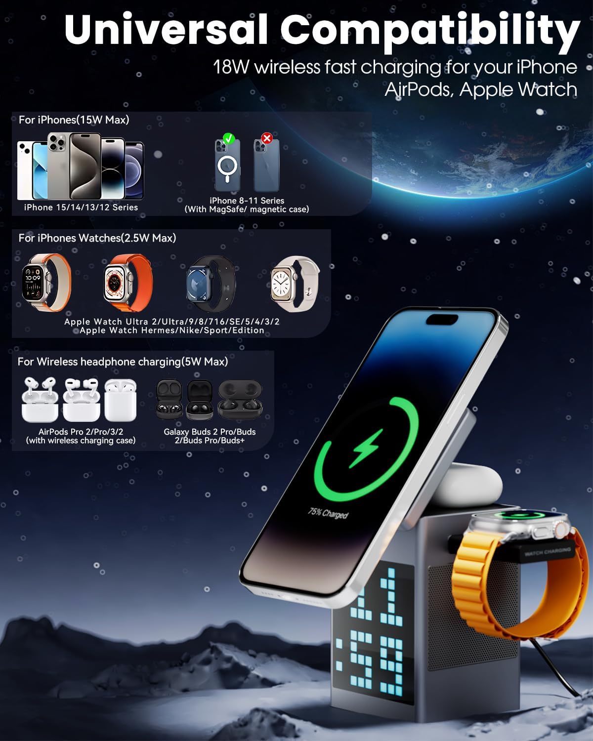 3 In 1 Wireless Charging Station With Alarm Clock